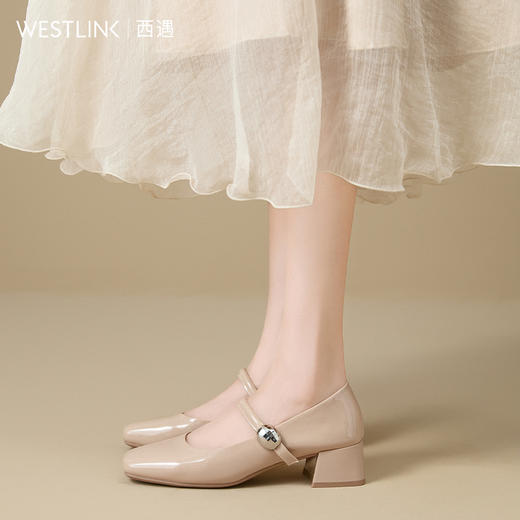 西遇粗跟玛丽珍鞋女新款秋季法式漆皮配裙小皮鞋方头中跟单鞋V1656955 商品图4