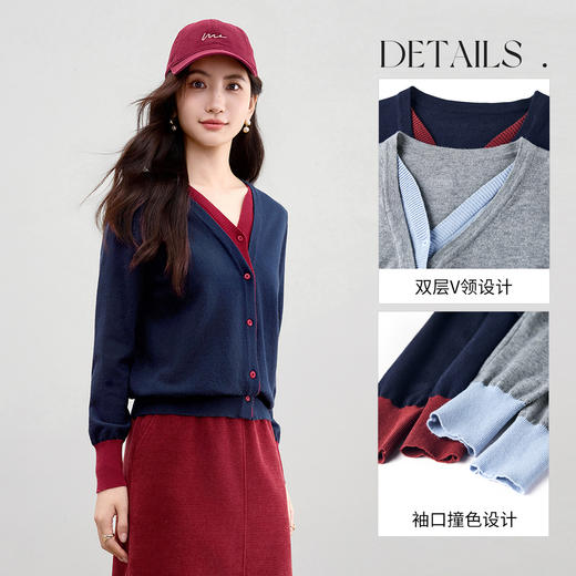 【内购】【撞色拼接】通勤设计感双层V领单排扣软糯超弹直筒长袖针织开衫-W53HD3387 商品图3