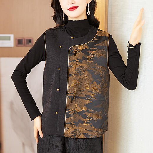 KQL422H2868黑色拼接马甲女2025年秋季新款高级感国风提花无袖马夹 商品图4