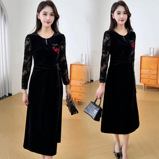 QYM LZ25B2515-Y优雅风金丝绒连衣裙洋气蕾丝拼结网纱裙 商品图0