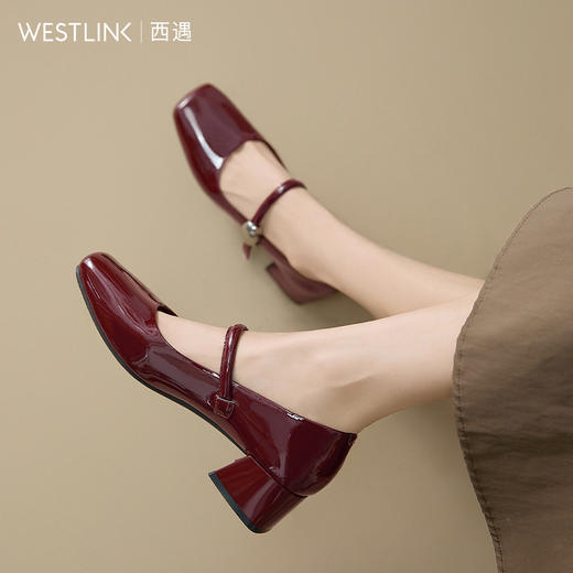 西遇粗跟玛丽珍鞋女新款秋季法式漆皮配裙小皮鞋方头中跟单鞋V1656955 商品图1