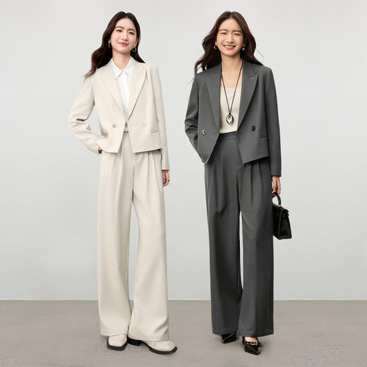 【内购】【西服套装】免搭配通勤戗驳领垫肩短款西装外套&松紧腰阔腿长裤-153ZE1874 商品图2