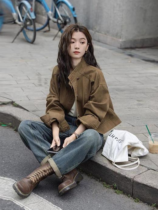复古咖色牛仔短外套2026春秋新款小众宽松立领工装夹克上衣女 商品图5