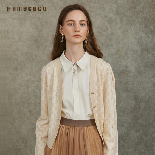 Famecoco范可儿V领毛衣开衫高级金线点缀菱格提花FAC6DE010 商品图0