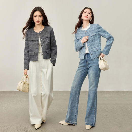 【内购】【含绵羊毛】优雅通勤圆领金属扣亮丝粗花呢小香风短款垫肩厚外套-153WA8659 商品图2