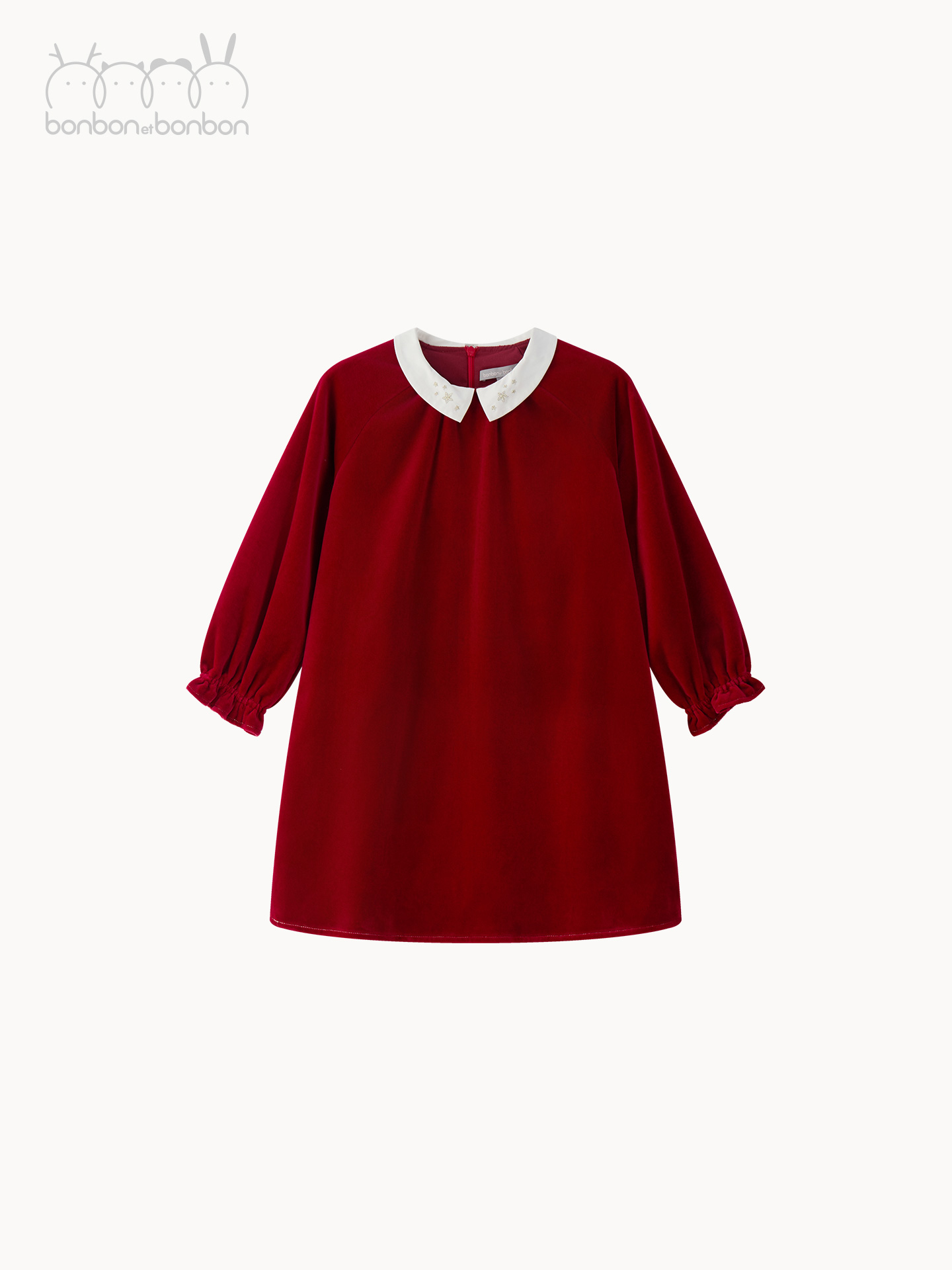 酒红星星绣花丝绒连衣裙