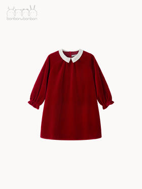 酒红星星绣花丝绒连衣裙