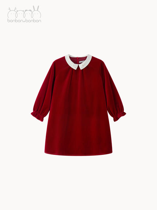 酒红星星绣花丝绒连衣裙 商品图0