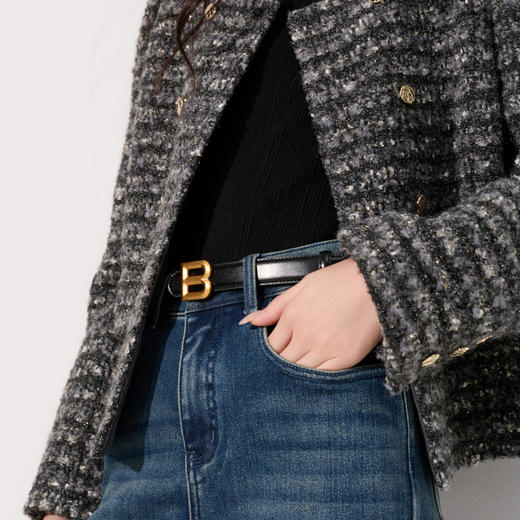 三彩2025新款窄版皮腰带个性金色B字母扣皮带二层牛皮时尚女百搭 商品图2