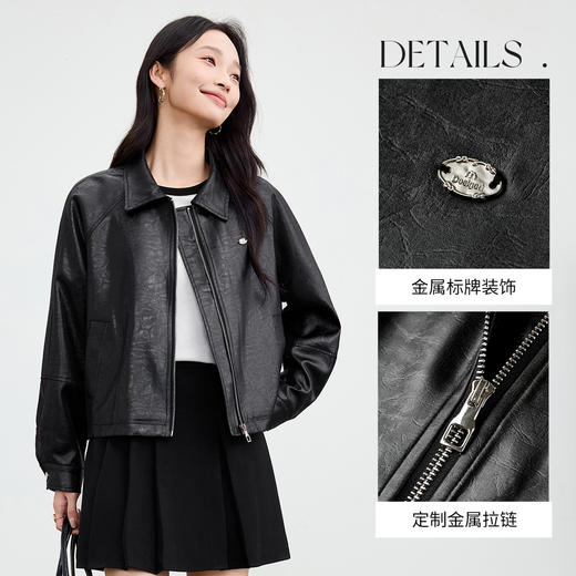【内购】【皮质手感肌理】翻领金属拉链下摆抽绳光泽感宽松插肩长袖外套-W53WB3506 商品图3