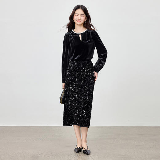 【内购】【珍珠花边】优雅通勤圆领镂空设计弹力丝绒上衣-153SA2772 商品图2