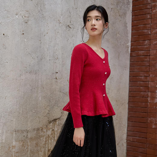 奢姿大码女装2025秋季时尚蝴蝶结装饰针织衫胖妹妹气质V领上衣9853693424 商品图2