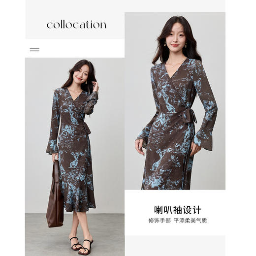 【内购】【一片式系带】优雅通勤V领腰侧系绑带喇叭袖收腰雪纺鱼尾连衣裙-Q53LF2805 商品图2