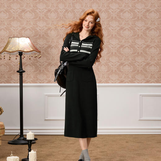 三彩独醒2025冬季新款连帽针织裙条纹连衣裙A字裙中长F 商品图2