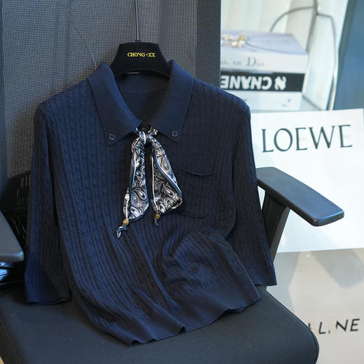 2025丝巾系带绵羊毛翻领短袖针织衫上衣女毛衣25秋季新款！ 商品图3