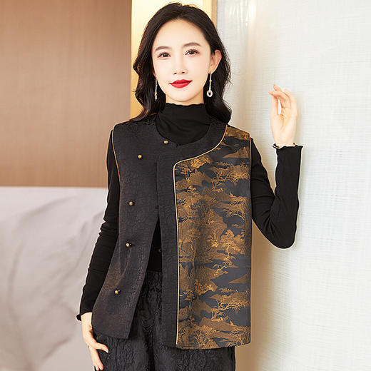 KQL422H2868黑色拼接马甲女2025年秋季新款高级感国风提花无袖马夹 商品图2