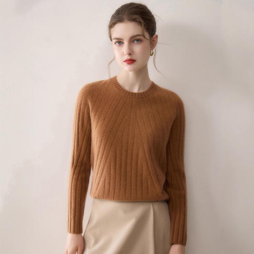 「自」全新升级【铂金会员514/天猫699/差价185】(55800)洛诗琳新款竖条100%羊绒衫2025秋冬圆领套头纯色修身毛衣女 商品图3