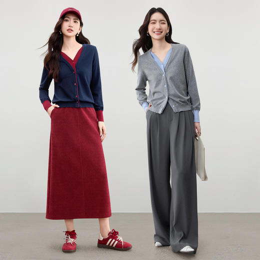 【内购】【撞色拼接】通勤设计感双层V领单排扣软糯超弹直筒长袖针织开衫-W53HD3387 商品图2