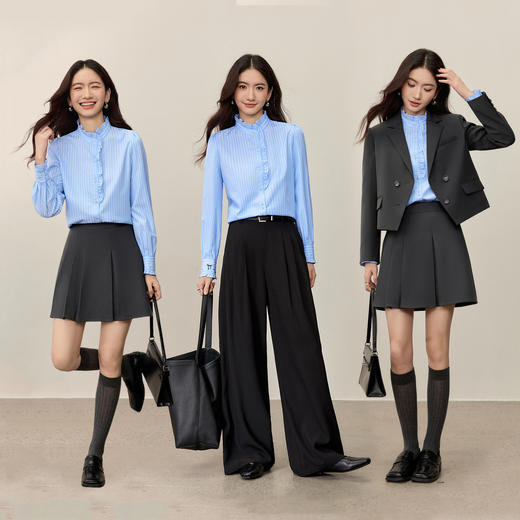 【内购】【门襟荷叶边】单排扣门襟荷叶边袖口蝴蝶结绣花泡泡袖条纹衬衫-153CH2410 商品图2