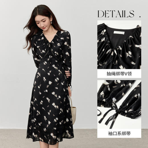 【内购】【晕染郁金香】优雅度假抽绳绑带设计缩褶V领印花长袖A字连衣裙-153LF2740 商品图3