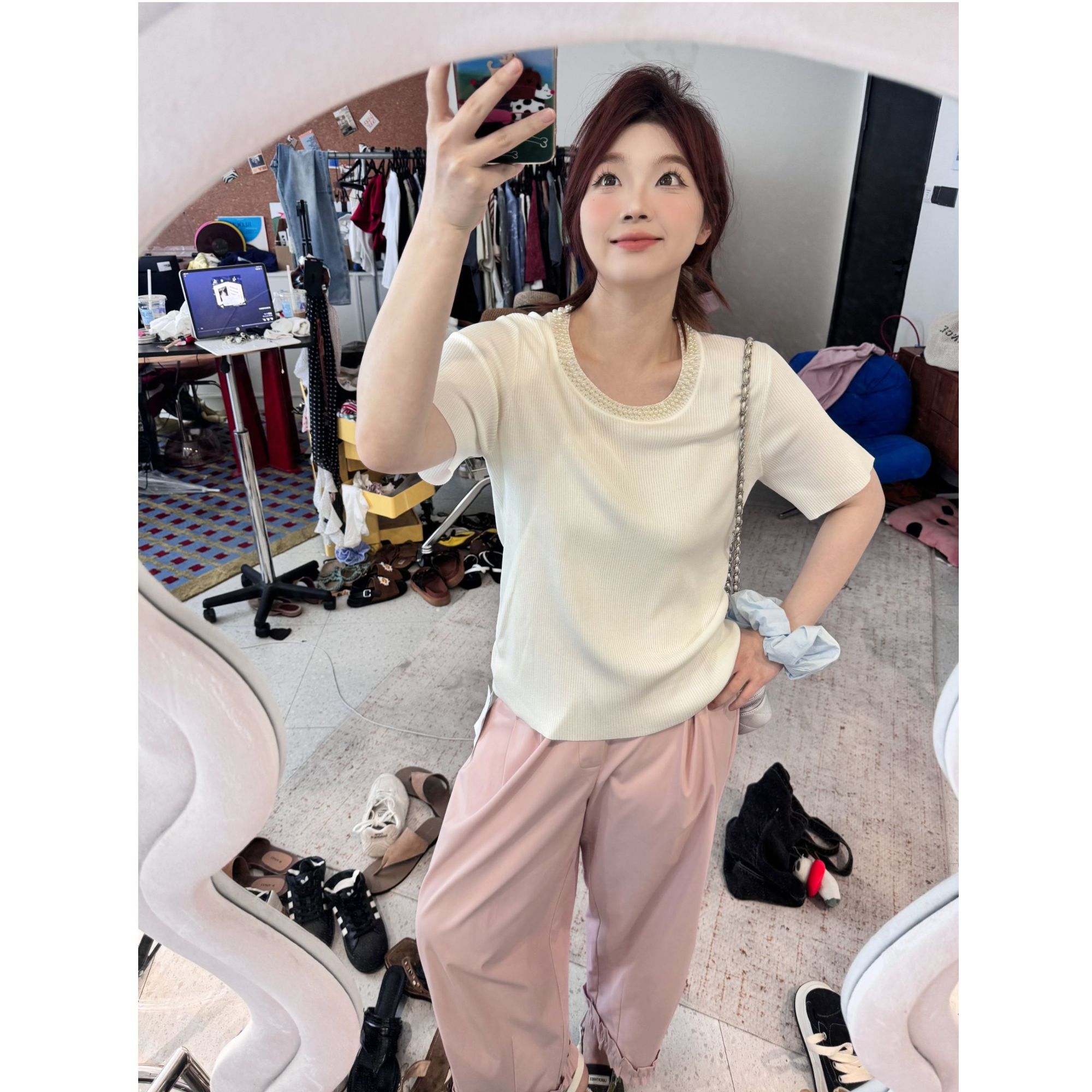 晶咕【心动时刻】设计感珍珠圆领纯色短袖T恤上