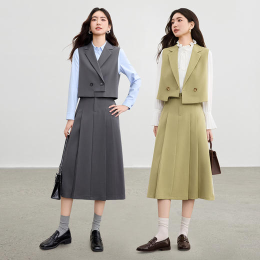 【内购】【免搭配套装】通勤双排扣翻驳领不规则马夹&松紧高腰A字百褶裙-153ZA2894 商品图2