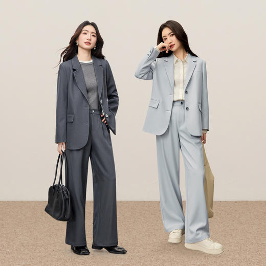 【内购】【懒人套装】平驳领垫肩下摆开叉垫肩西装外套&松紧双褶西装长裤-153ZE2168 商品图2