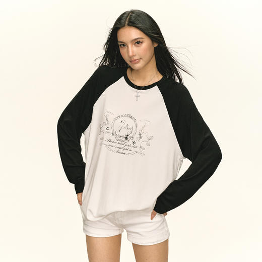 Ariseism 美式复古设计感印花长袖T恤女秋季新款插肩袖上衣 商品图1