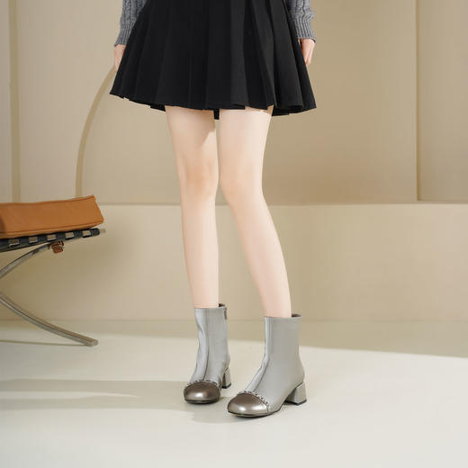 Westory2025年冬季方头中跟玛丽珍包腿靴小香风拼接短靴W25DS85201 商品图3