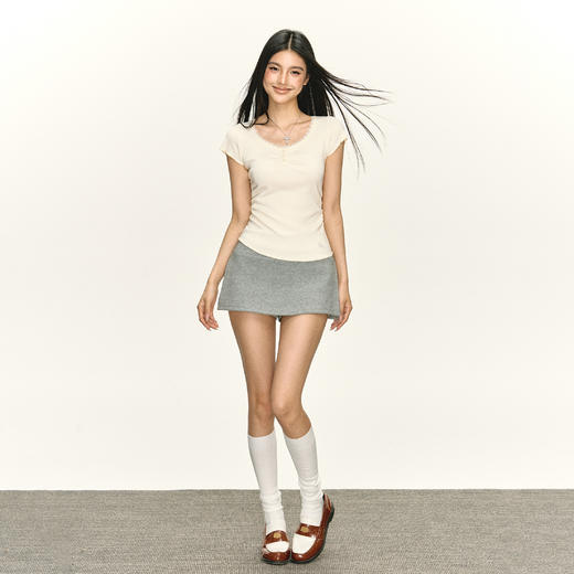 Ariseism 美式复古设计感奶黄色蕾丝边边短袖t恤女夏季新款 商品图4