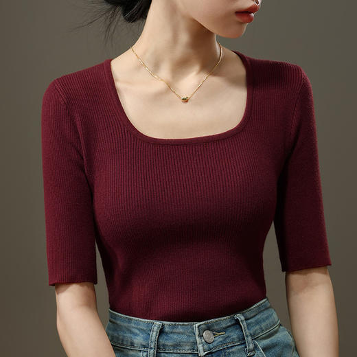 I5Q2577-LY安哥拉红针织打底衫女2025新款女装复古方领羊毛衫气质五分袖上衣 商品图0