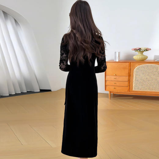 QYM LZ25B2515-Y优雅风金丝绒连衣裙洋气蕾丝拼结网纱裙 商品图2