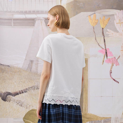 谜底简约T恤短袖2025年冬季新品纯棉亲肤下摆拼接蕾丝女254MT1723 商品图2