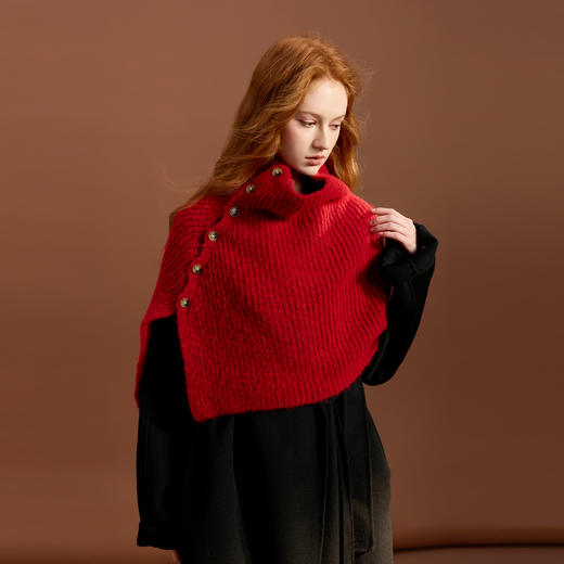 【绵羊毛】三彩2025新款复古红高领披肩保暖女氛围感纽扣通勤松弛 商品图4