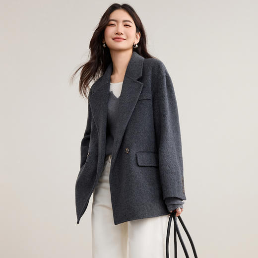 【内购】【100%绵羊毛】简约通勤西装领两粒扣长袖中款保暖厚毛呢外套-W54OA8778 商品图1