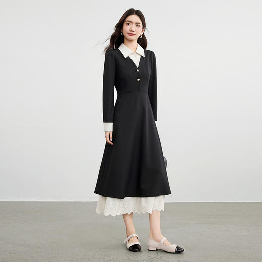 【内购】【拼接连衣裙】都市拼接设计衬衣翻领拼接袖口绣花裙摆收腰伞裙-153LI2737 商品图2