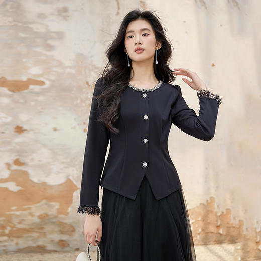 奢姿大码女装2025秋季胖妹妹时尚水钻装饰气质蕾丝拼接圆领上衣9953253603A 商品图1