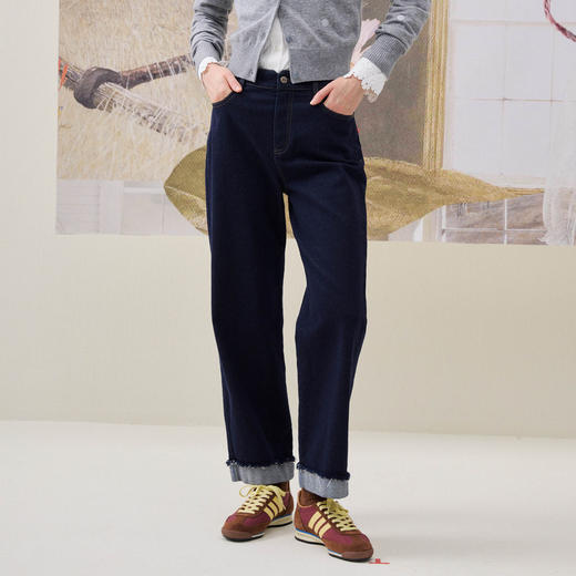 谜底直筒牛仔裤长裤2025年冬季新品百搭毛边裤脚外翻女254MJ1464 商品图0