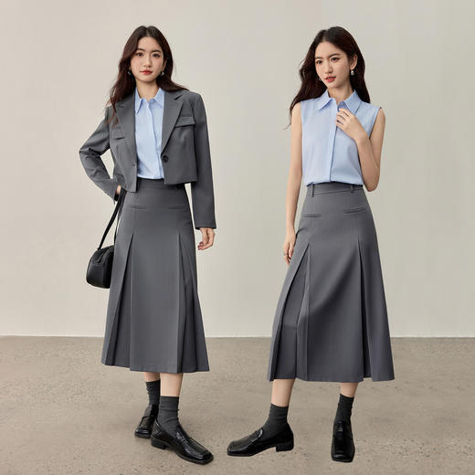 【内购】【免搭配套装】格雷系一粒扣垫肩短款西装外套藏肉显瘦A字半身裙-153ZA2369 商品图2