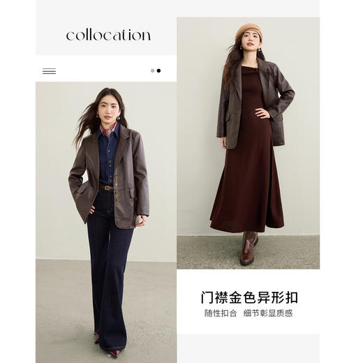 【内购】【再生纤维素】摩登都市通勤平驳领异形扣长袖宽松显瘦PU皮衣外套-W53GE2747 商品图2