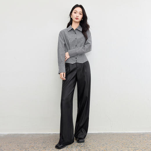 【内购】【显腿长】气质通勤翻领单排扣腰部压褶分割设计长袖短款格纹衬衫-153CG3346 商品图2