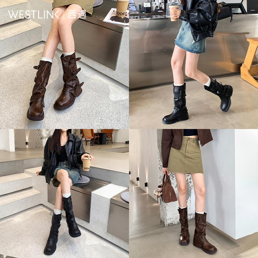 西遇超火裤管靴女新款秋冬辣妹西部牛仔骑士靴皮带扣堆堆长靴V1957148 商品图2