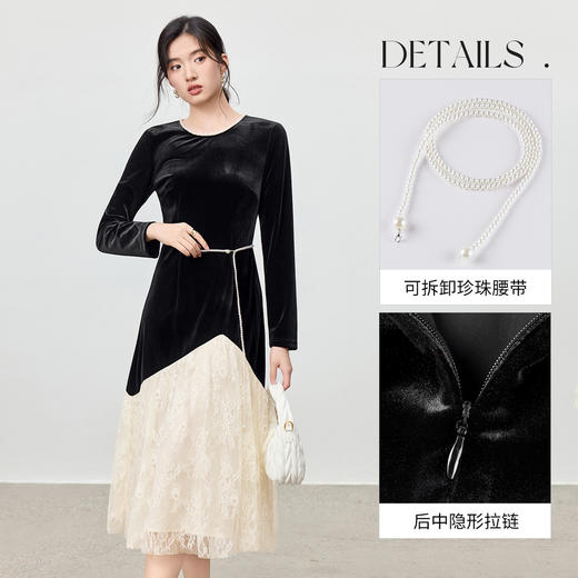 【内购】【撞色假两件】优雅通勤珍珠织带圆领可拆卸珍珠腰带蕾丝连衣裙-153LI3207 商品图3