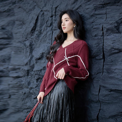 奢姿大码女装2025秋季时尚撞色V领针织衫胖妹妹气质菱形纹理上衣9553694234 商品图1
