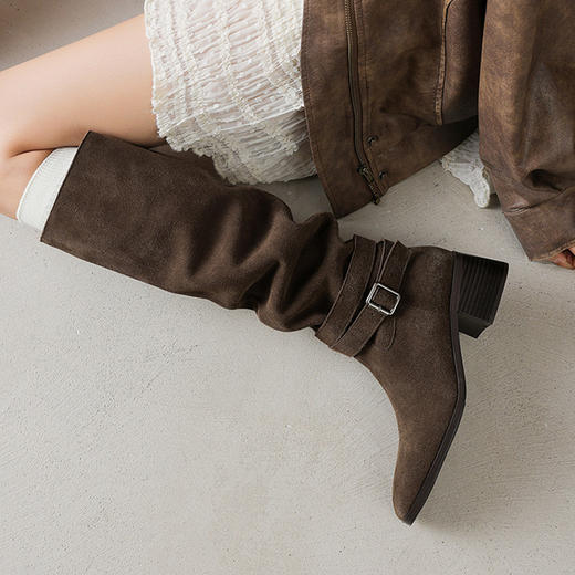 【预售7天】褶皱堆堆时装靴女粗跟显瘦百搭软皮长靴西部靴高筒骑士靴KYD&KK12780 商品图2