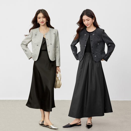 【内购】【小香风系列】优雅通勤圆领异形扣撞色蝴蝶结刺绣垫肩短款外套-153WA2064 商品图2