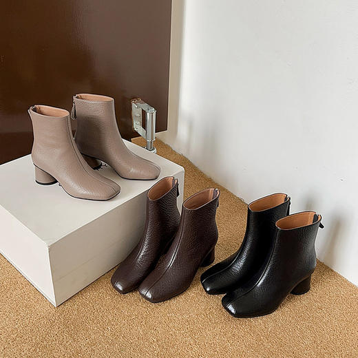 【预售5天】巨显瘦~5.5cm粗跟短靴女秋冬方头真皮中跟时装靴及踝靴瘦瘦靴MLJ&C201 商品图1