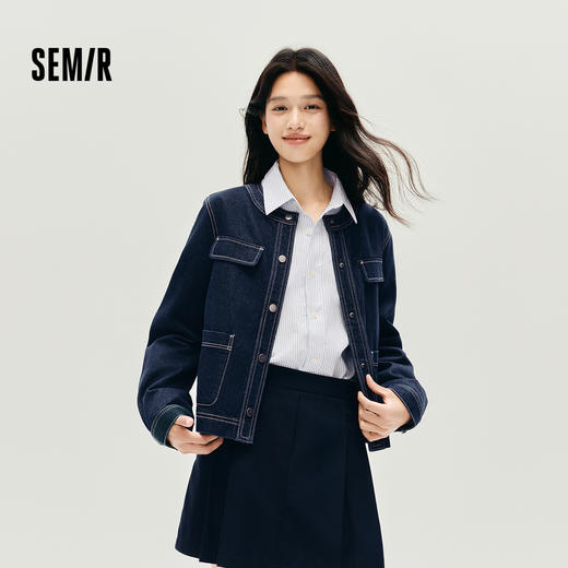 森马牛仔外套女秋季短款圆领2025新款小香风百搭时尚潮小个子夹克 商品图1