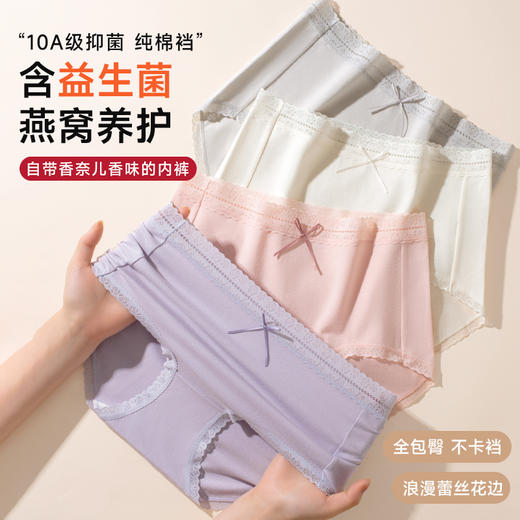 女士长绒棉蕾丝中高腰车缝三角内裤2946 商品图1