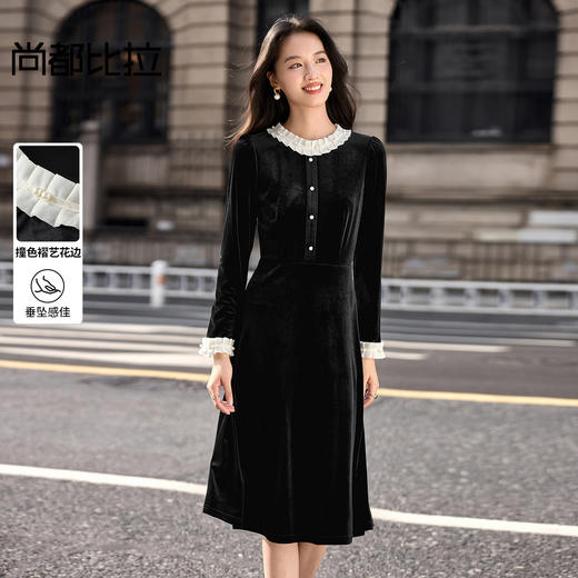 【内购】【撞色褶艺花边】优雅聚会圆领珍珠扣装饰丝绒A字连衣裙-W54LI3353 商品图0